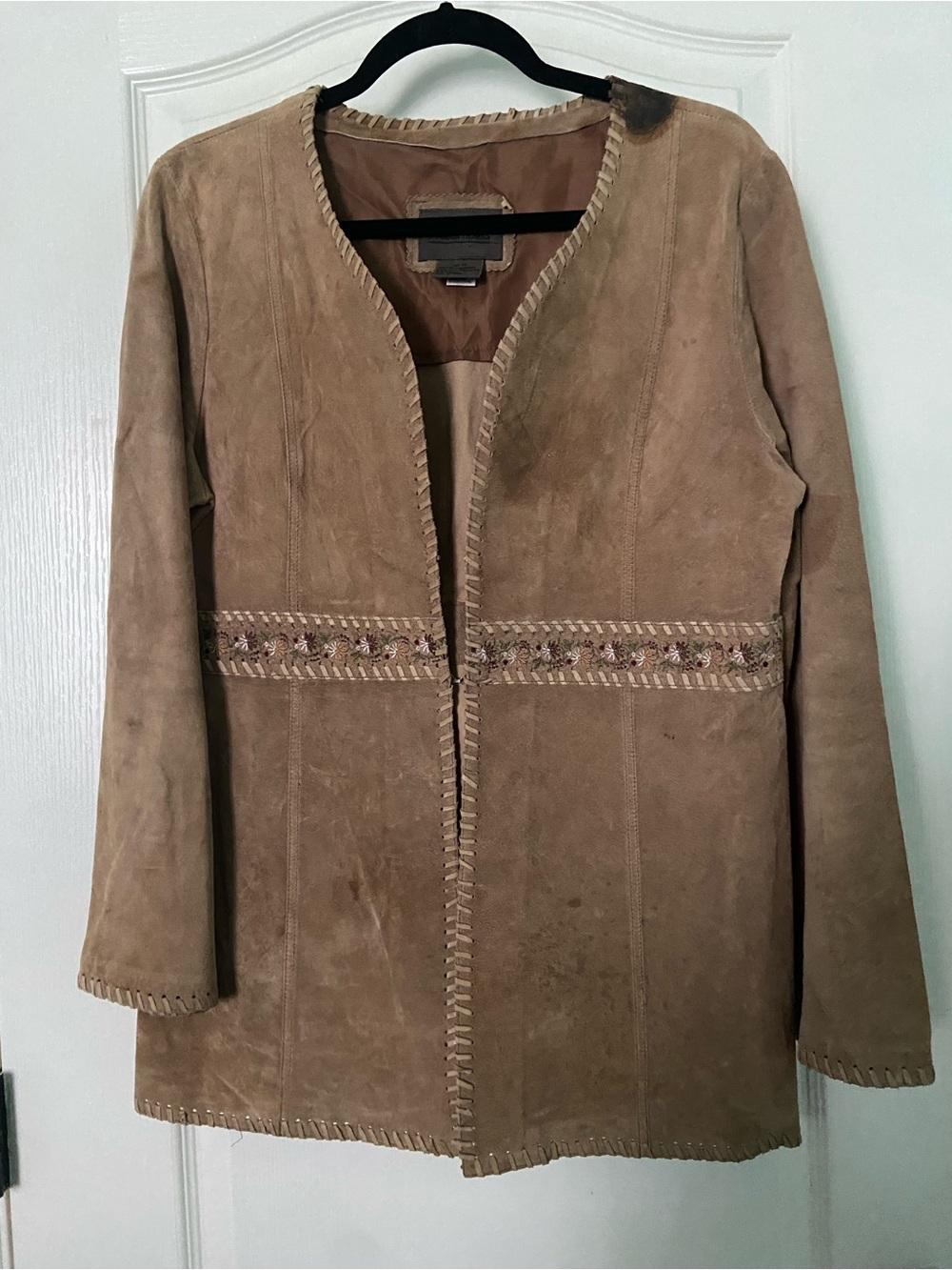 Vintage Leather Coat with Floral Embroidery